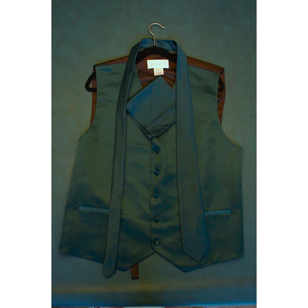 Azazie | Green Satin Vest Tie Handkerchief set| Formal Button Closure Men's Sz L
